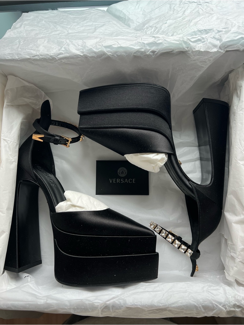 Versace Black Satin Platform Crystal-Strap Block Heels